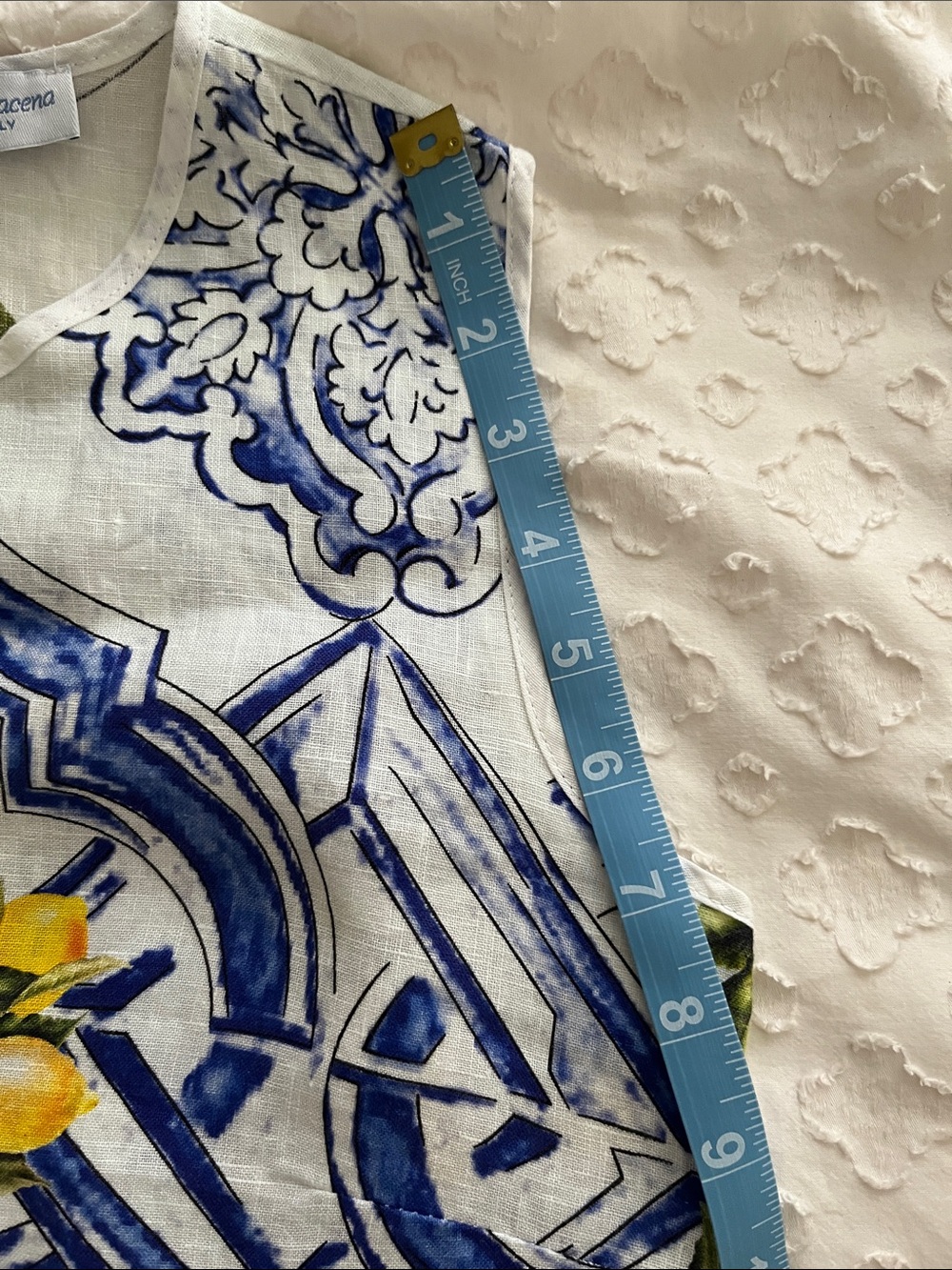 Sleeveless Lemon & Tile Print Midi Dress in White, Blue and Yellow - Picture 9 of 10